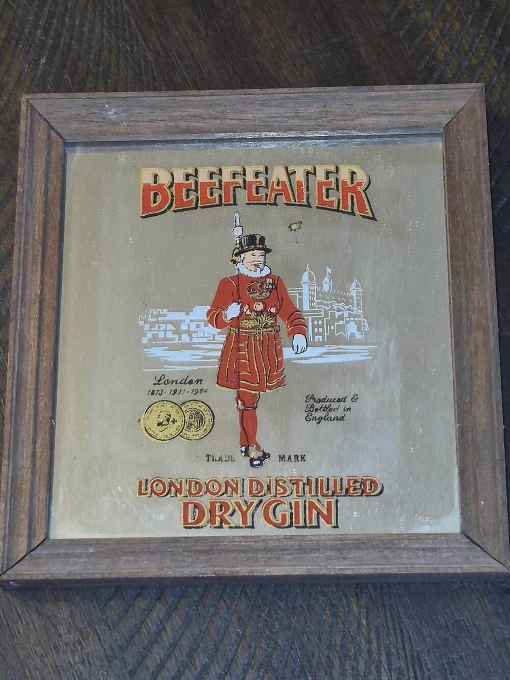 Vintage Beefeater London Distilled Dry Gin Wood Framed Mirror